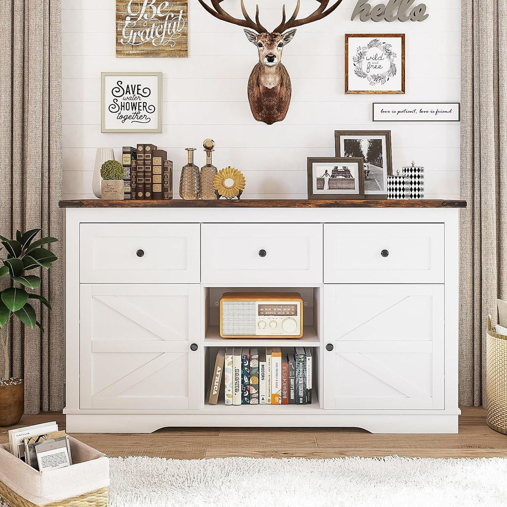White TV Stand with 3 Drawers and Shelves V220858