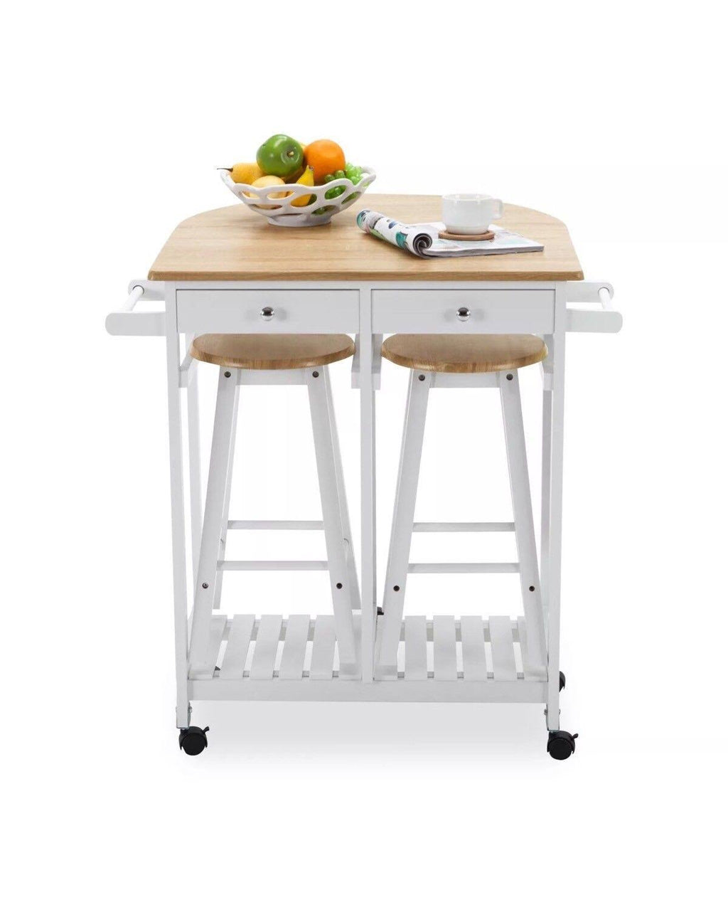 Oak Kitchen Island Cart with 2 Bar Stools and 2 Drawers N8773