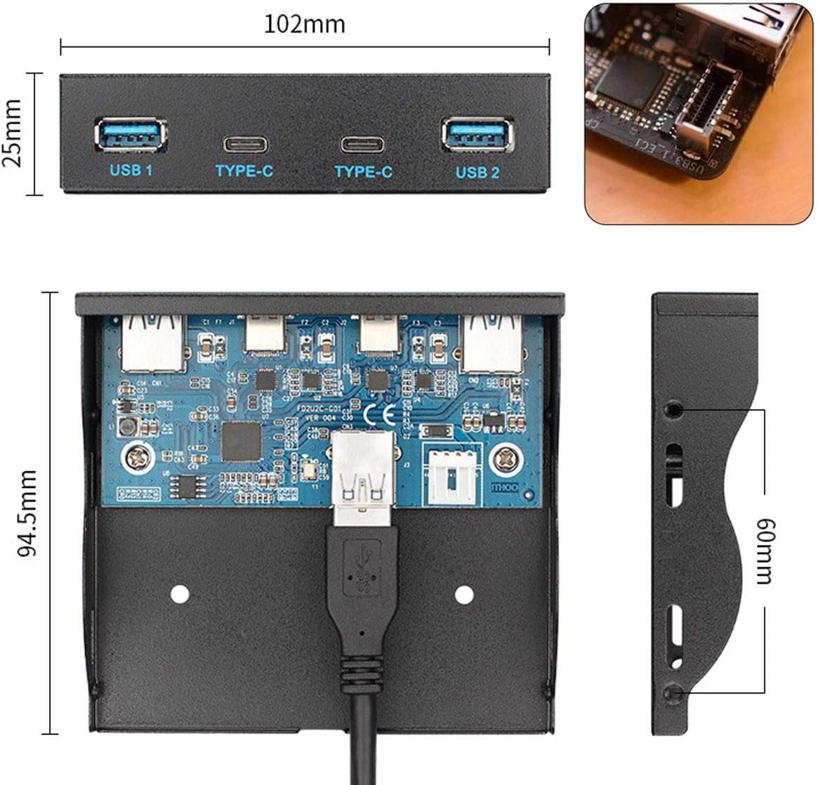 USB 3.1 Front Panel Header to USB-C & USB 3.0 HUB 4 Ports Motherboard Cable W1924