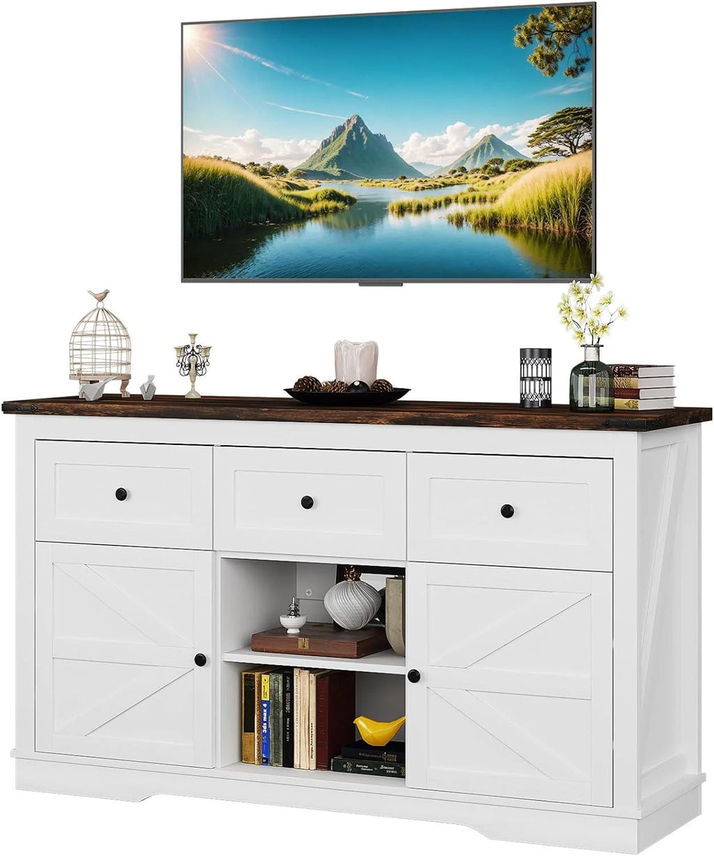 White TV Stand with 3 Drawers and Shelves V220858