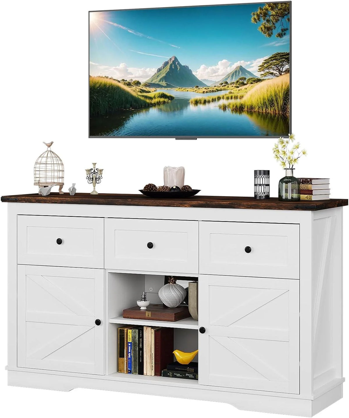 White TV Stand with 3 Drawers and Shelves V220858