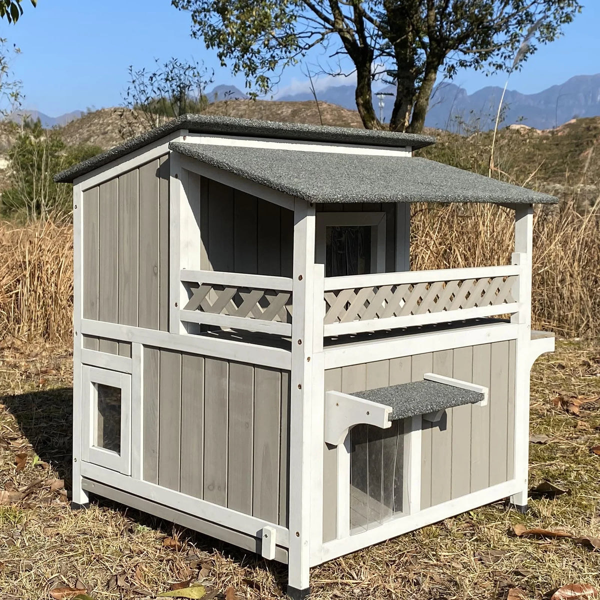 Outdoor 2-Story Wooden Cat House with Balcony M715054