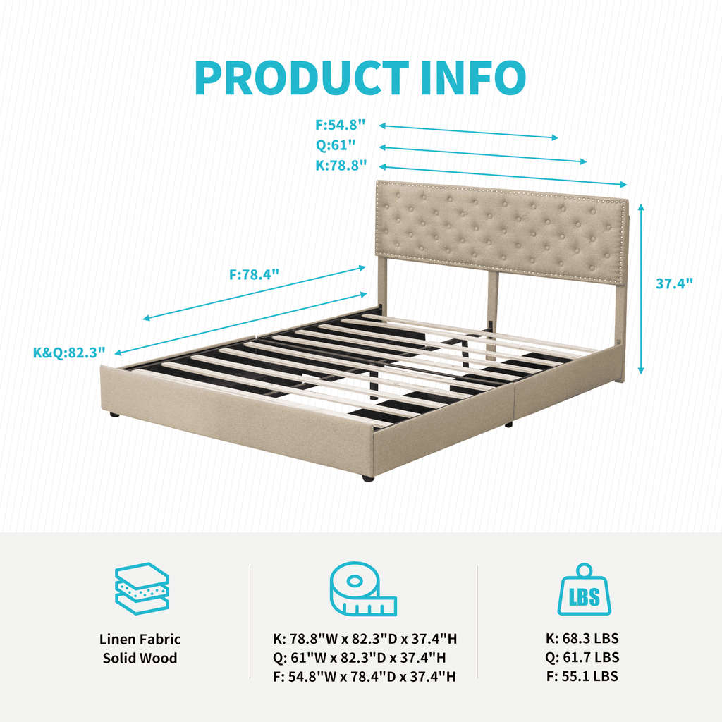 King Size Beige Platform Bed Frame with 4 Storage Drawers P7514