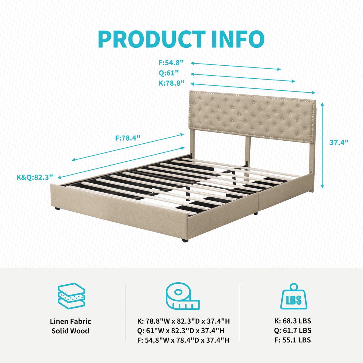 King Size Beige Platform Bed Frame with 4 Storage Drawers P7514