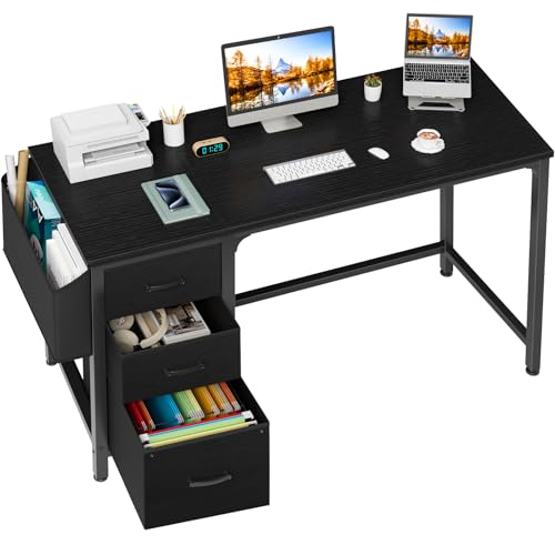 White 55 Inch Computer Desk with Fabric File Drawers Cabinet F14642