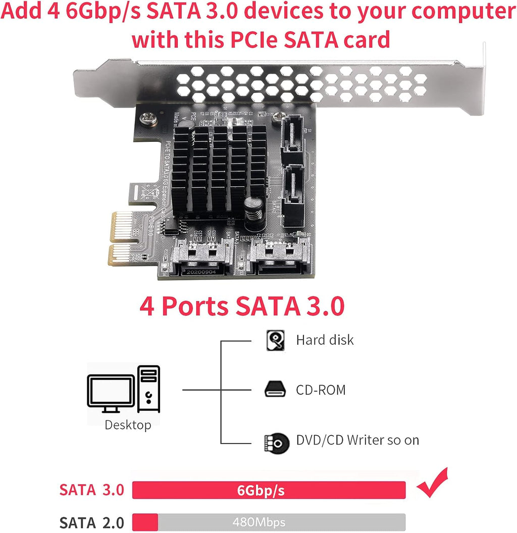 PCIe SATA Card 4 Ports, SATA III 6 Gbps Controller Expansion Card, Non-Raid, with Low Profile Bracket U619