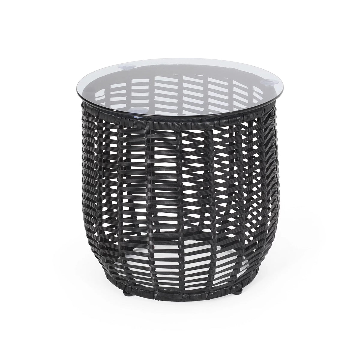 Black Wicker Side Table with Tempered Glass Top T555997