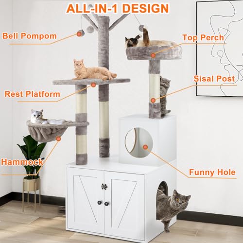 2-in-1 Wooden Cat Tree Tower with Litter Box Enclosure K65093