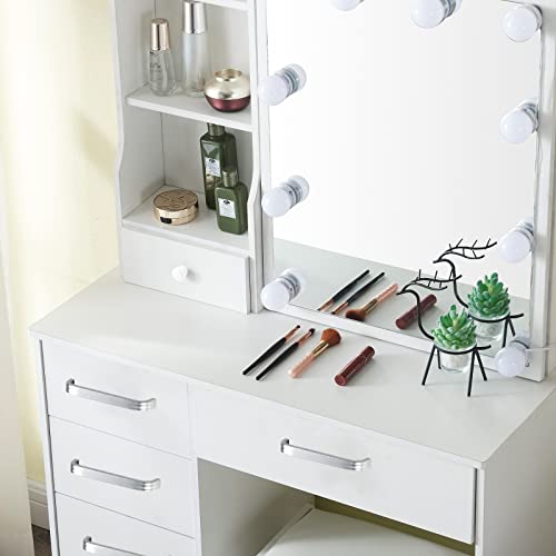 White Makeup Vanity Desk with Lights and Mirror and Drawers Y76960