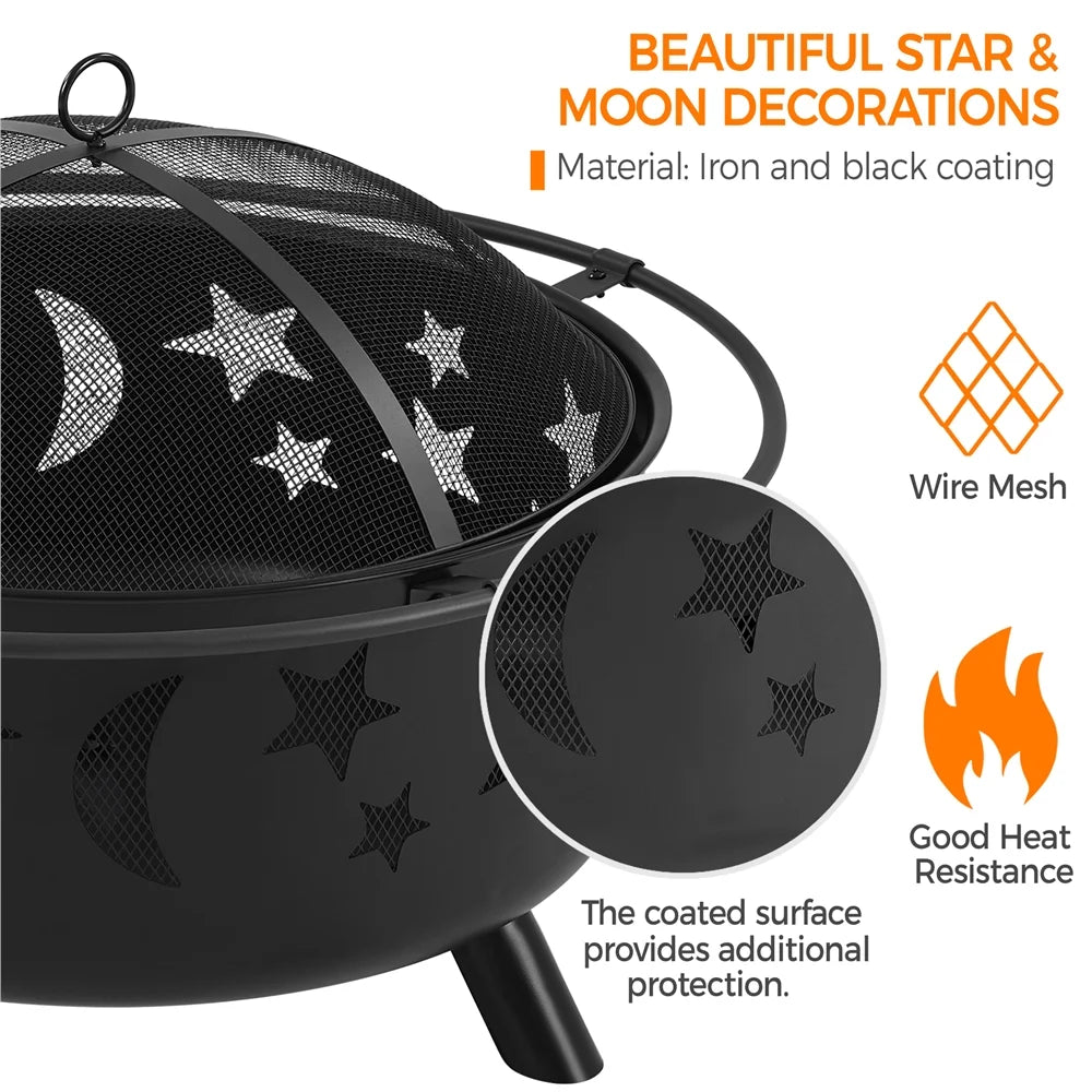 Black Iron Fire Pit with Poker Mesh Cover F8587