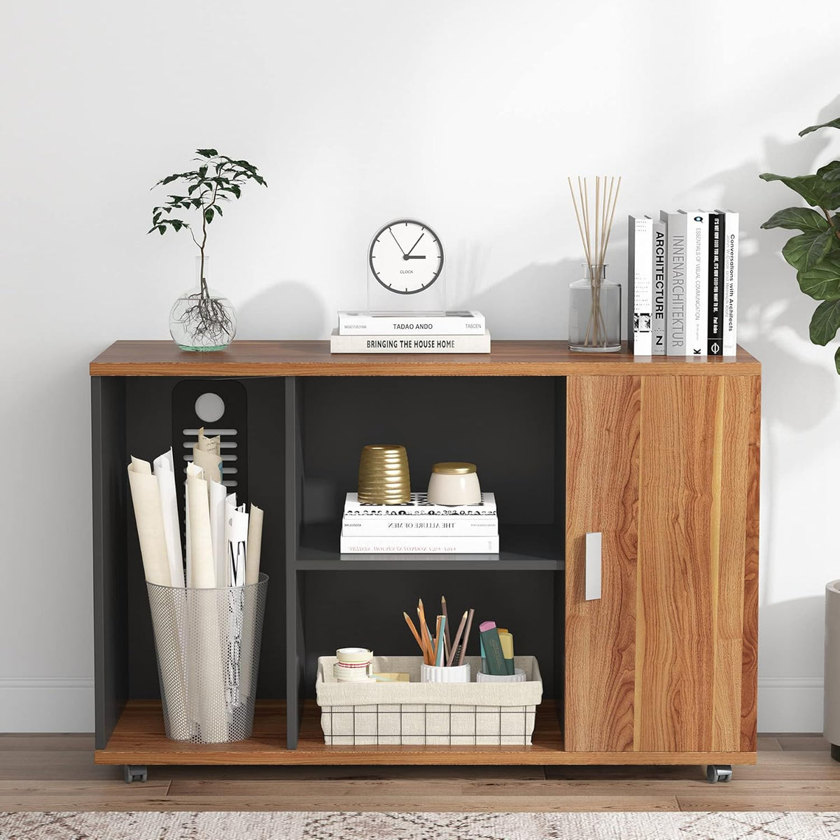 Dark Walnut Steel Gray L Shaped Desk with Storage Shelves and File Cabinet H113