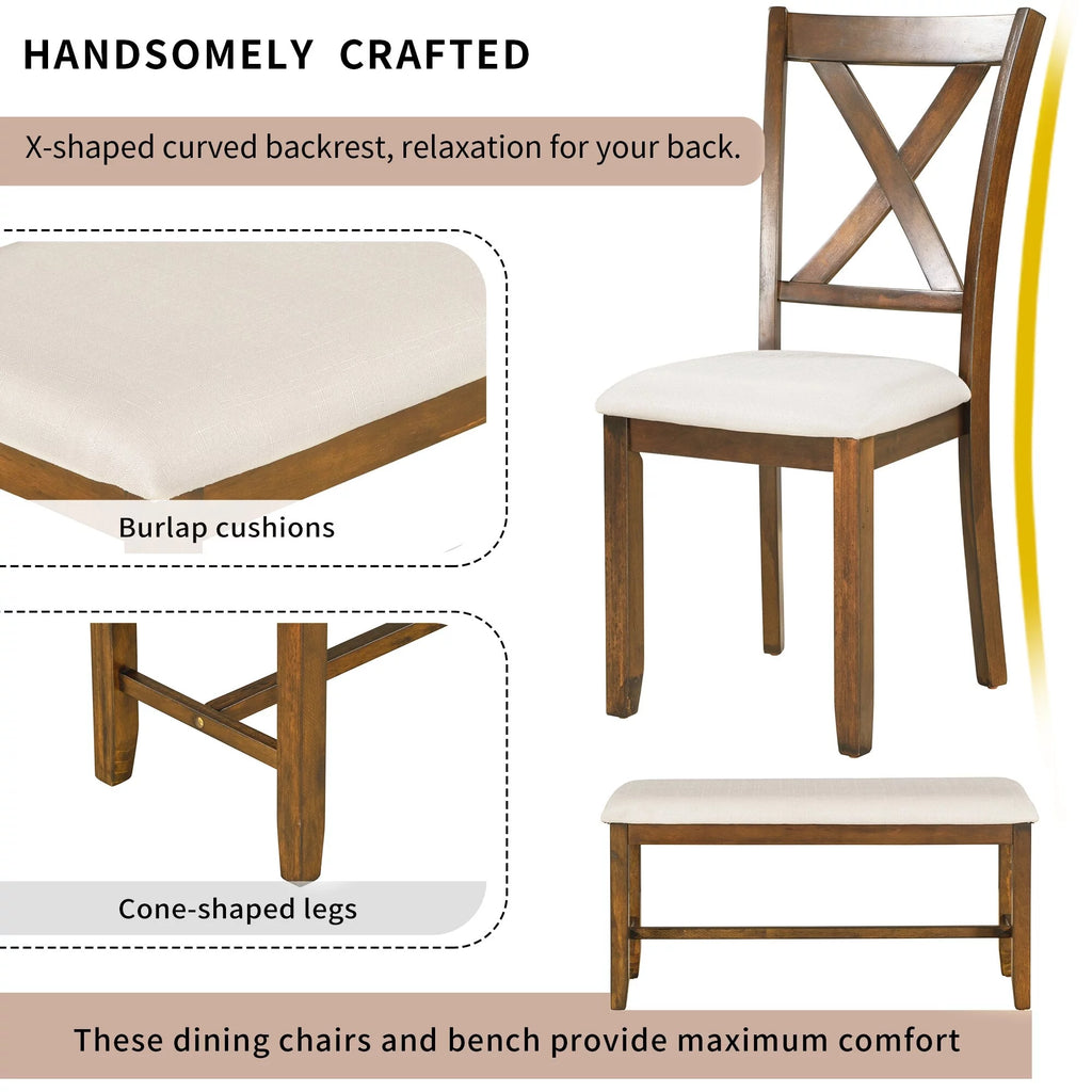 6 Piece Wooden Dining Table Set with 4 Fabric Chairs and Bench M88615