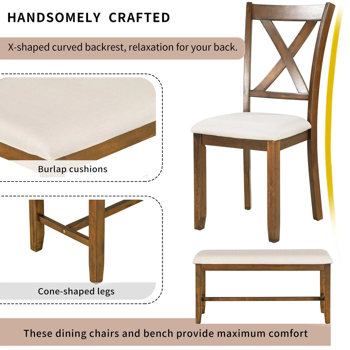 6 Piece Wooden Dining Table Set with 4 Fabric Chairs and Bench M88615