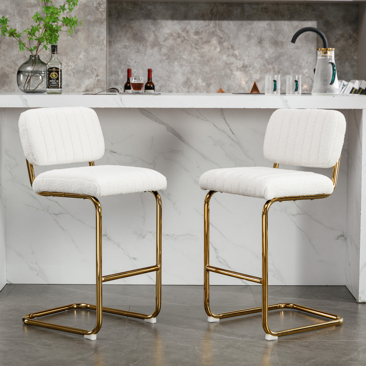 Ivory Boucle Fabric Counter Height Bar Stools Set of 2 E806114