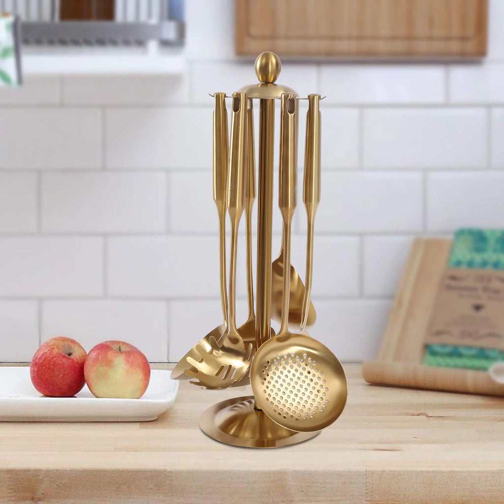 7 Pc Gold Kitchen Cooking Utensil Set with Stand P221742
