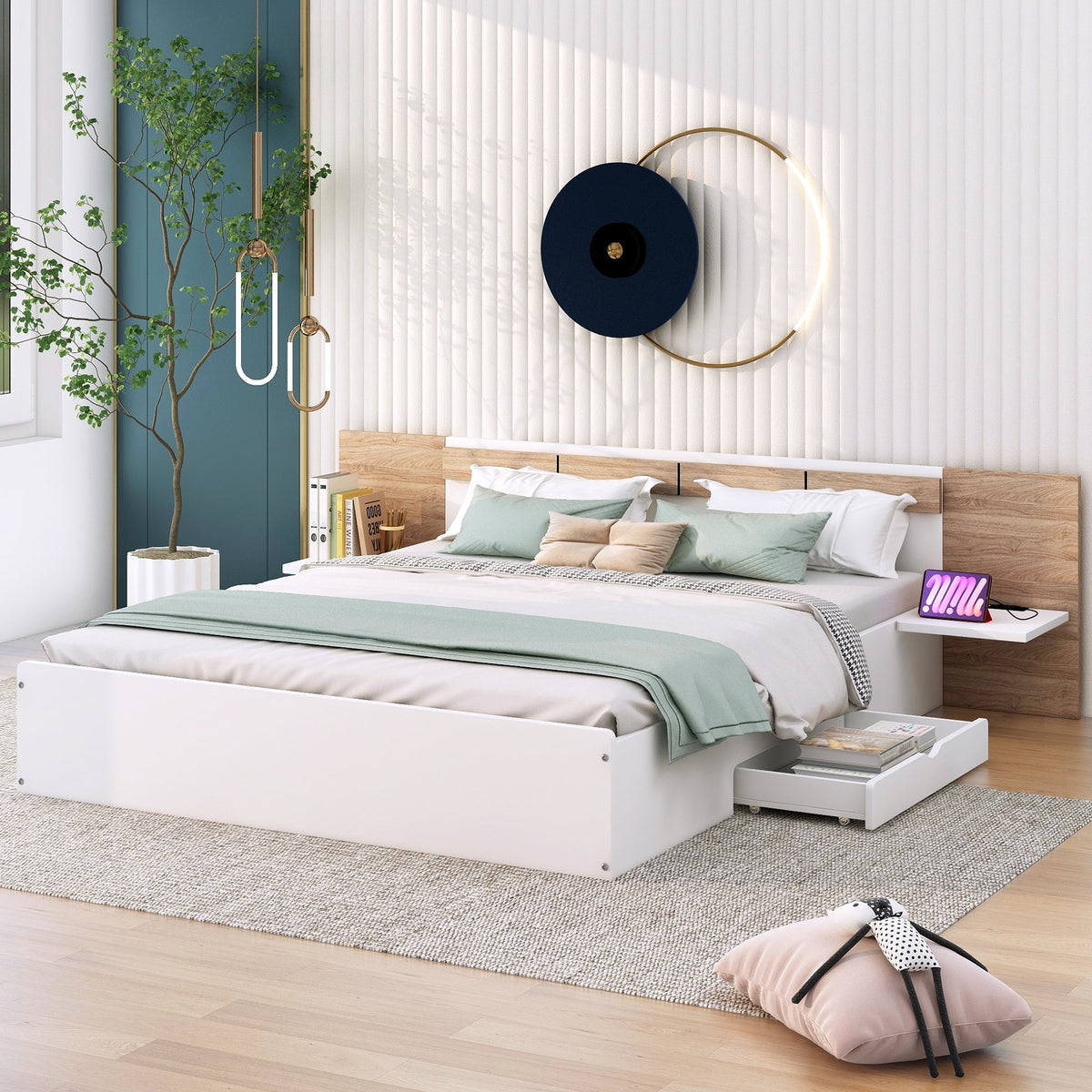 White Queen Size Wood Platform Bed with Storage Shelves and 2 Drawers Y16626