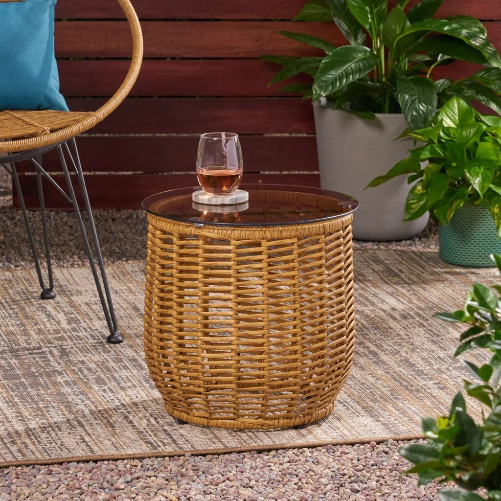 Black Wicker Side Table with Tempered Glass Top T555997