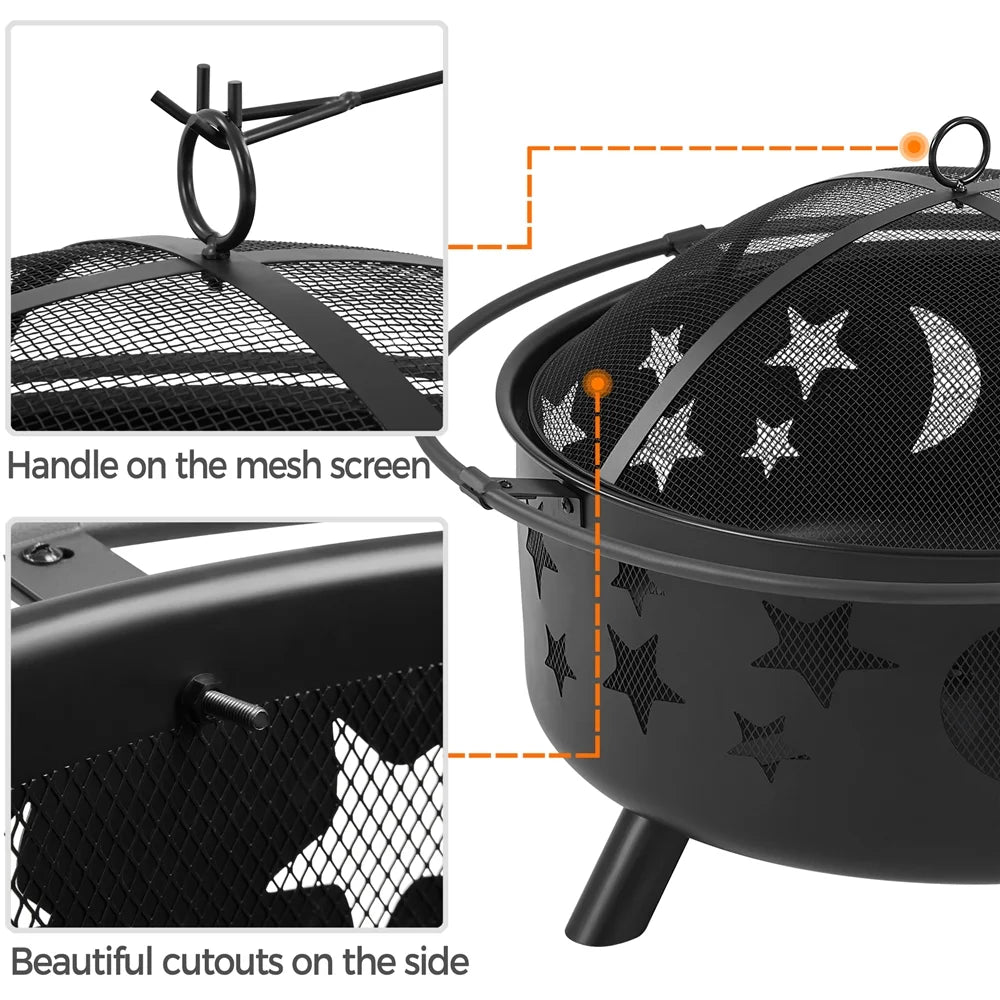 Black Iron Fire Pit with Poker Mesh Cover F8587