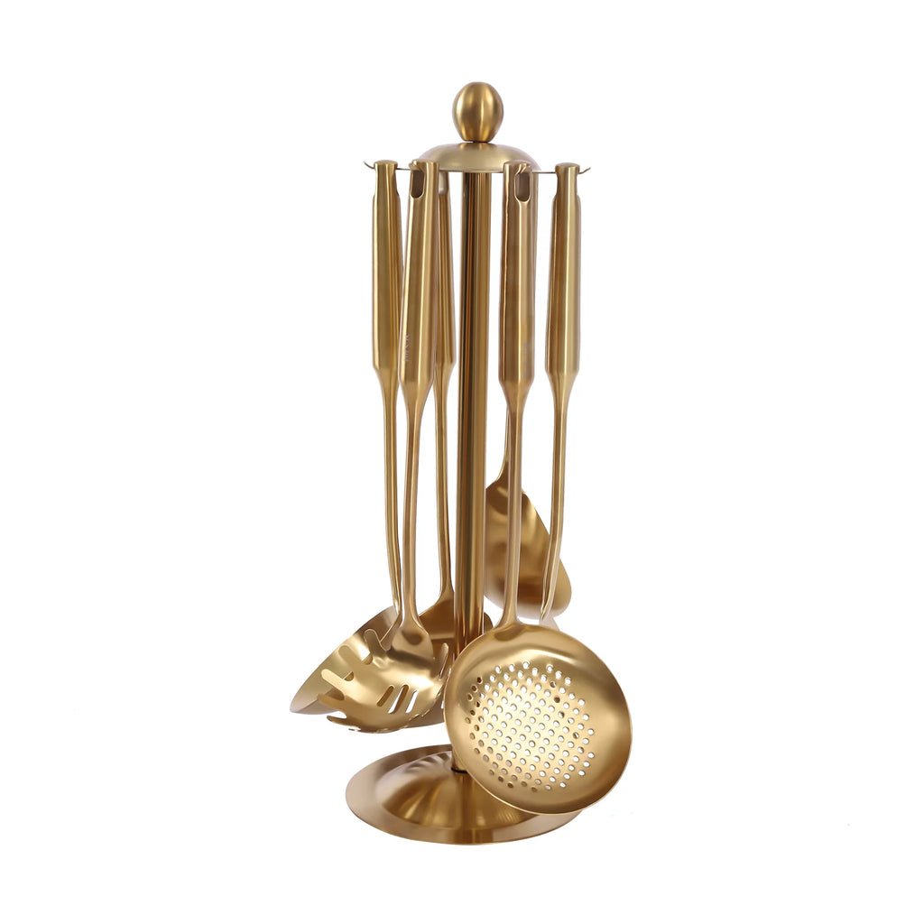 7 Pc Gold Kitchen Cooking Utensil Set with Stand P221742