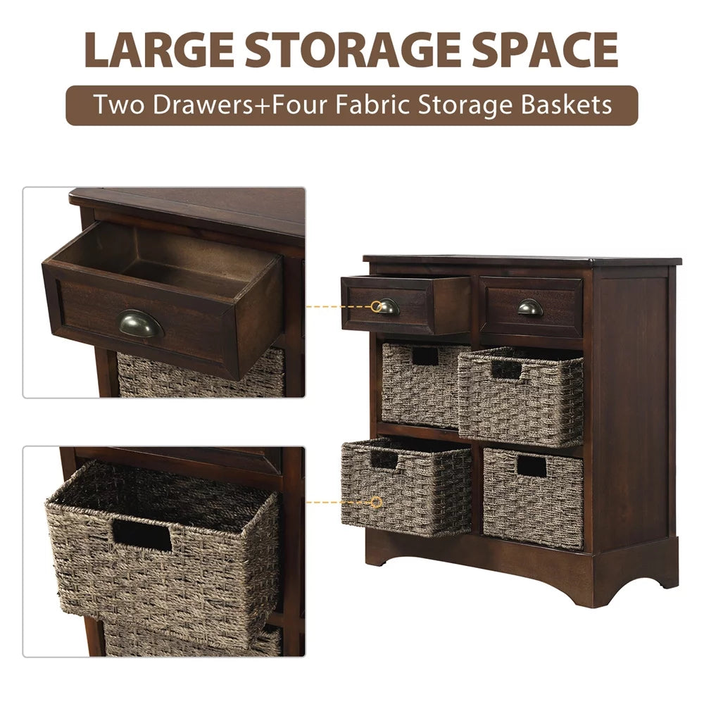 Espresso Wood Storage Cabinet with 2 Drawers and 4 Wicker Baskets B526