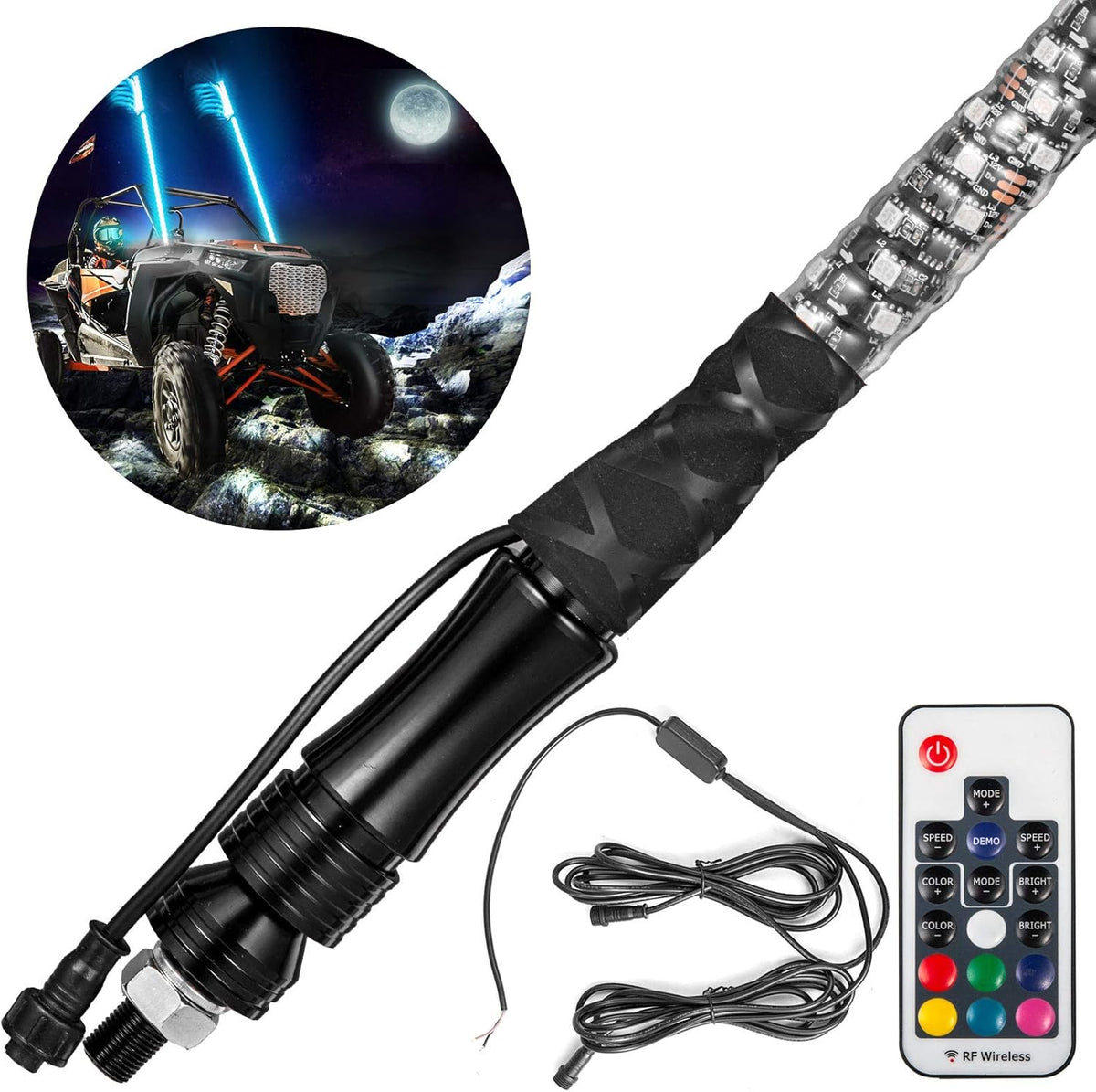 1PC 3FT 360° Spiral LED Whip Lights RGB Color Weatherproof RF Wireless Remote Pack of 2 B5383