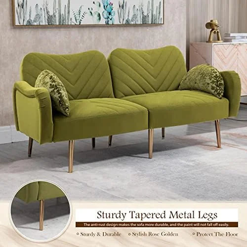 Modern Velvet Futon Sofa Bed Convertible Loveseat with 2 Pillows O39479