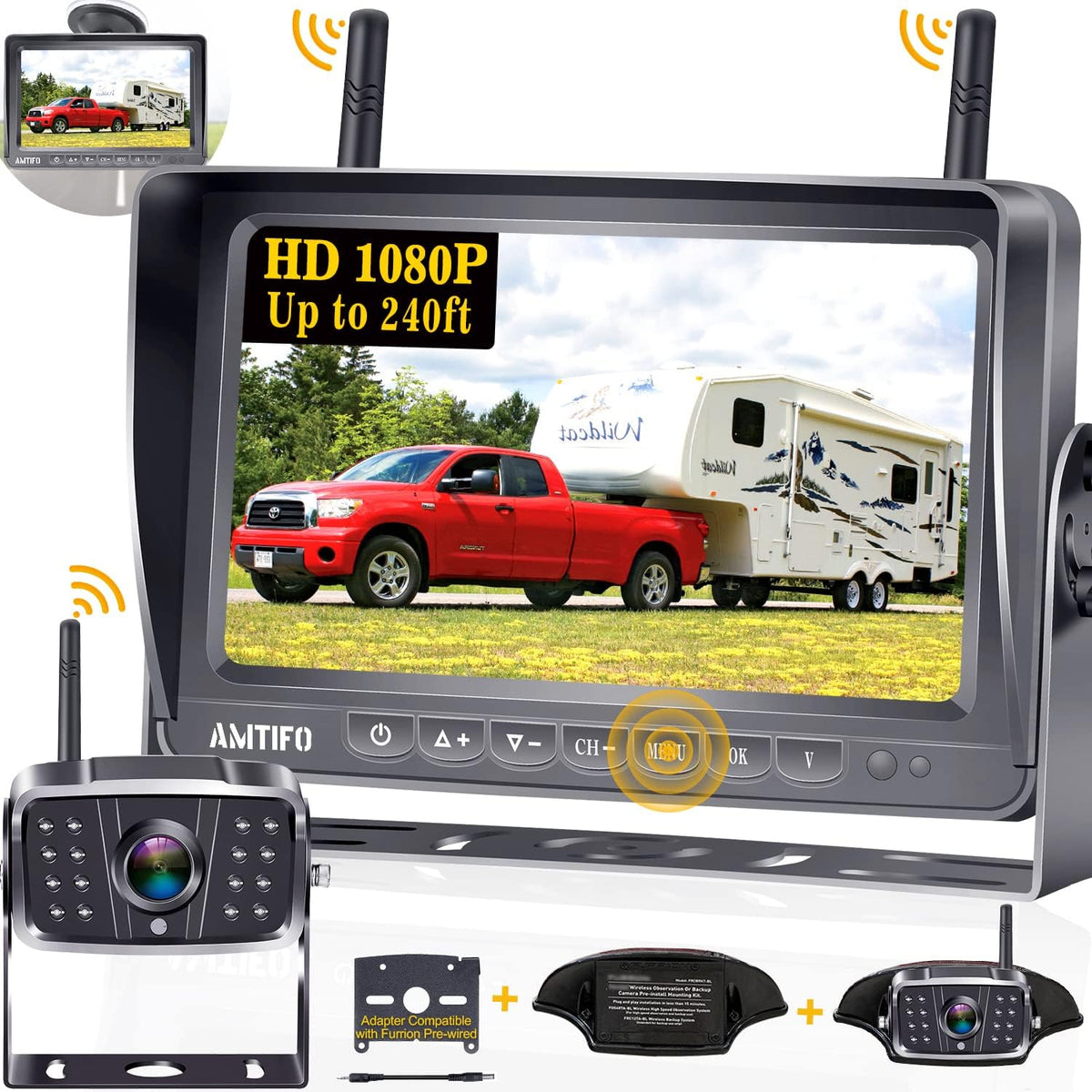 Wireless HD 1080P 7'' Split Screen DVR Backup Camera 4 Channel Infrared Night Vision M945480