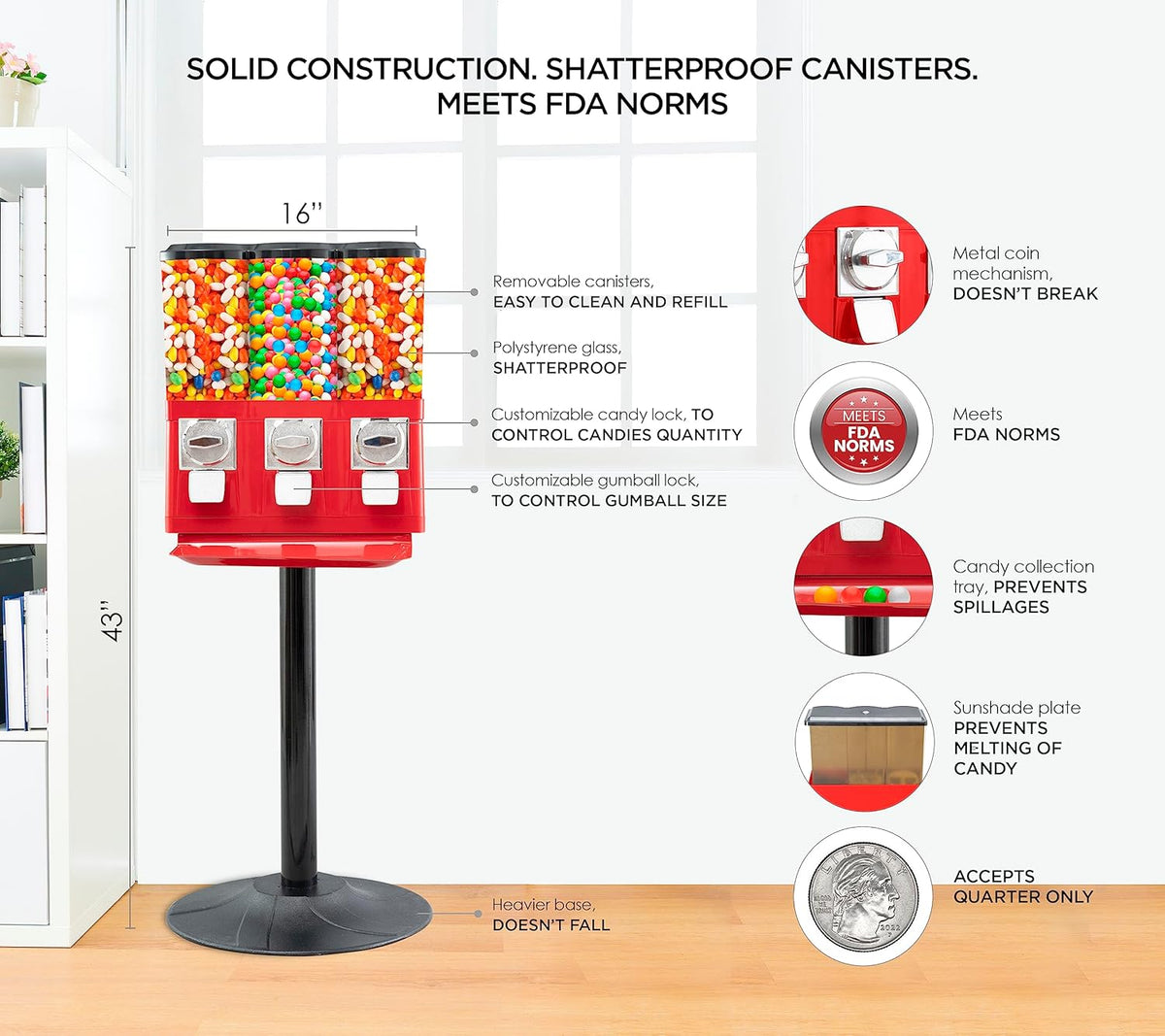 Triple Candy Vending Machine with 3 Removable Canisters and Quarter Coin Operated Anti-Theft Lock J84467