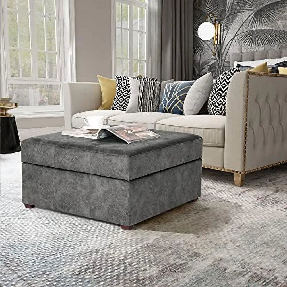 Square Upholstered Tufted Ottoman with Nailhead Trim Wood Legs U283
