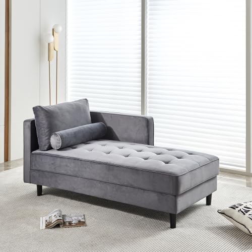 Gray Velvet Chaise Lounge Chair with Tufted Cushion M7407