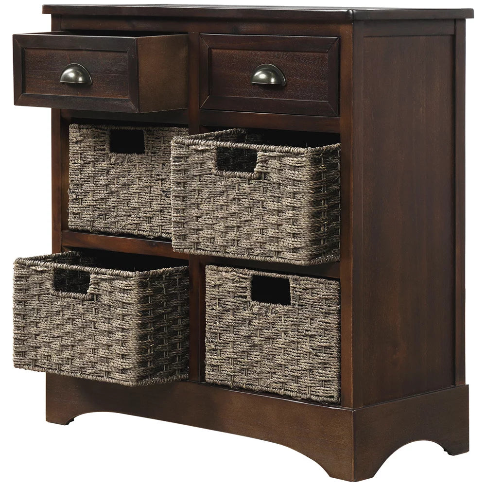 Espresso Wood Storage Cabinet with 2 Drawers and 4 Wicker Baskets B526