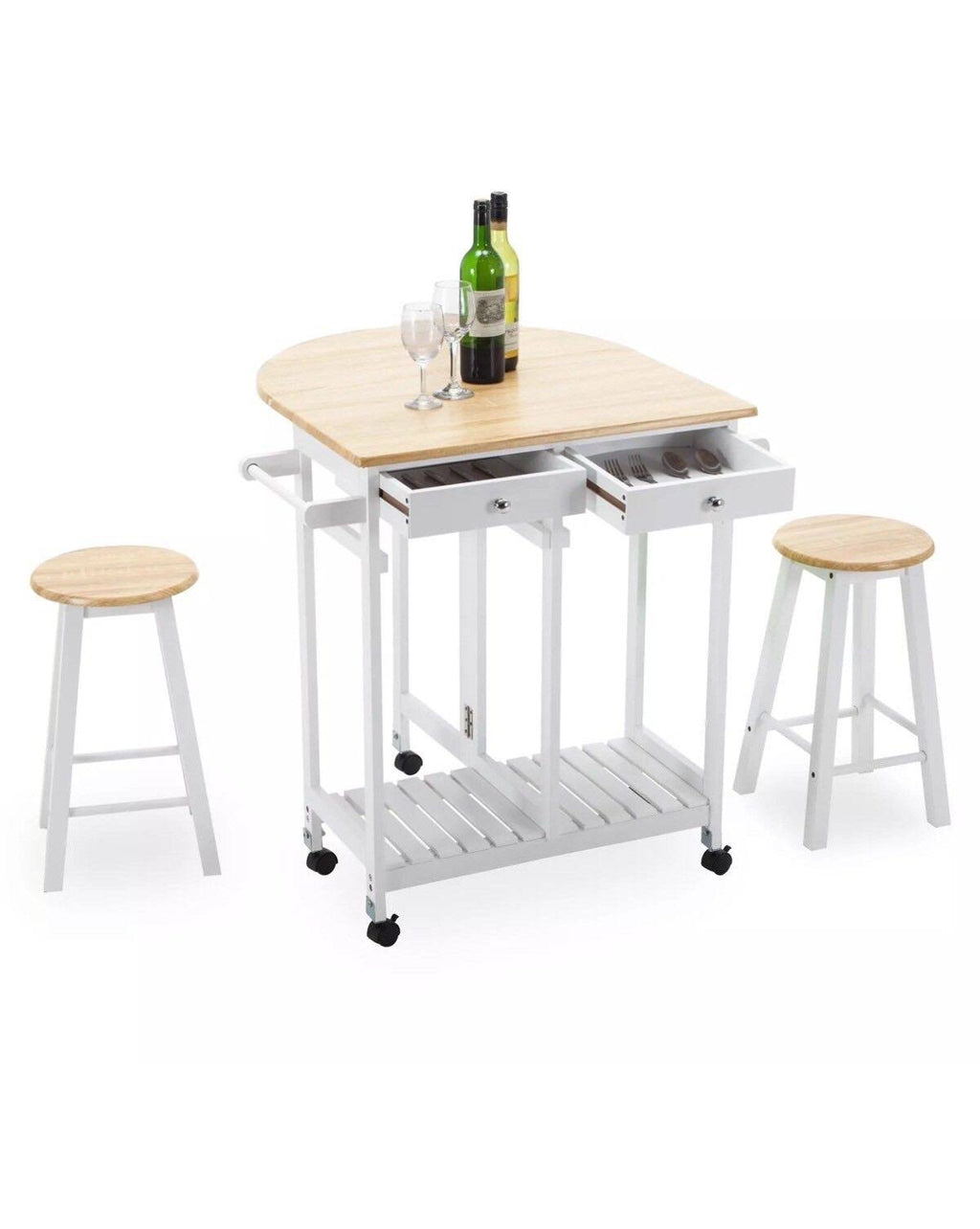 Oak Kitchen Island Cart with 2 Bar Stools and 2 Drawers N8773