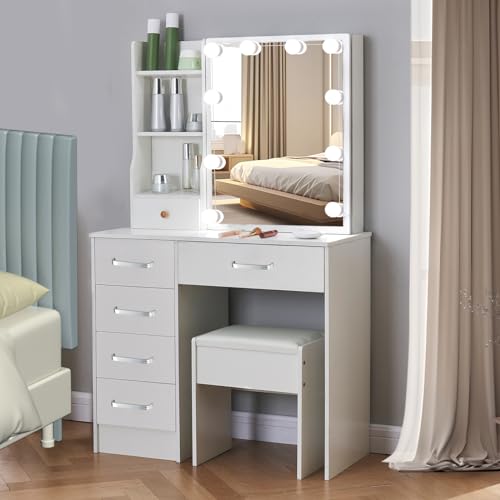 White Makeup Vanity Desk with Lights and Mirror and Drawers Y76960