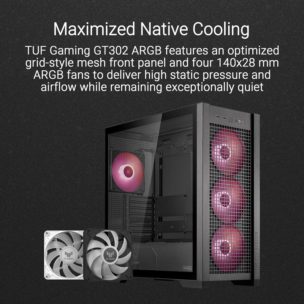 Black ATX Mid-Tower PC Case with Four 140 x 28 mm ARGB Fans and Interchangeable Tempered Glass or Mesh Side Panels A114169
