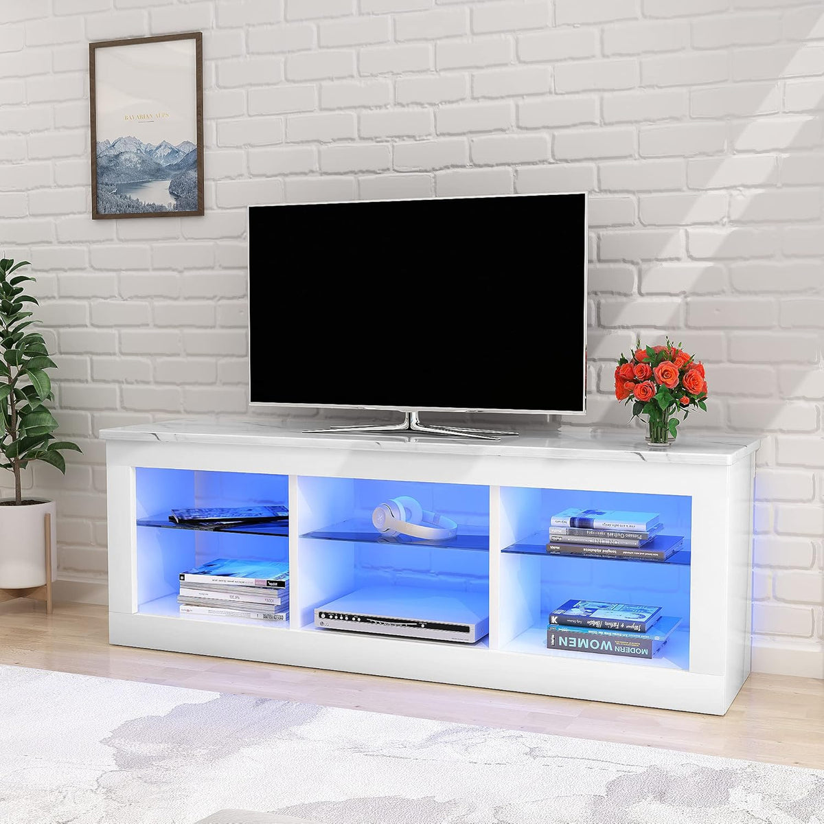 Black High Gloss TV Stand with 2 Drawers and Open Shelves T413052