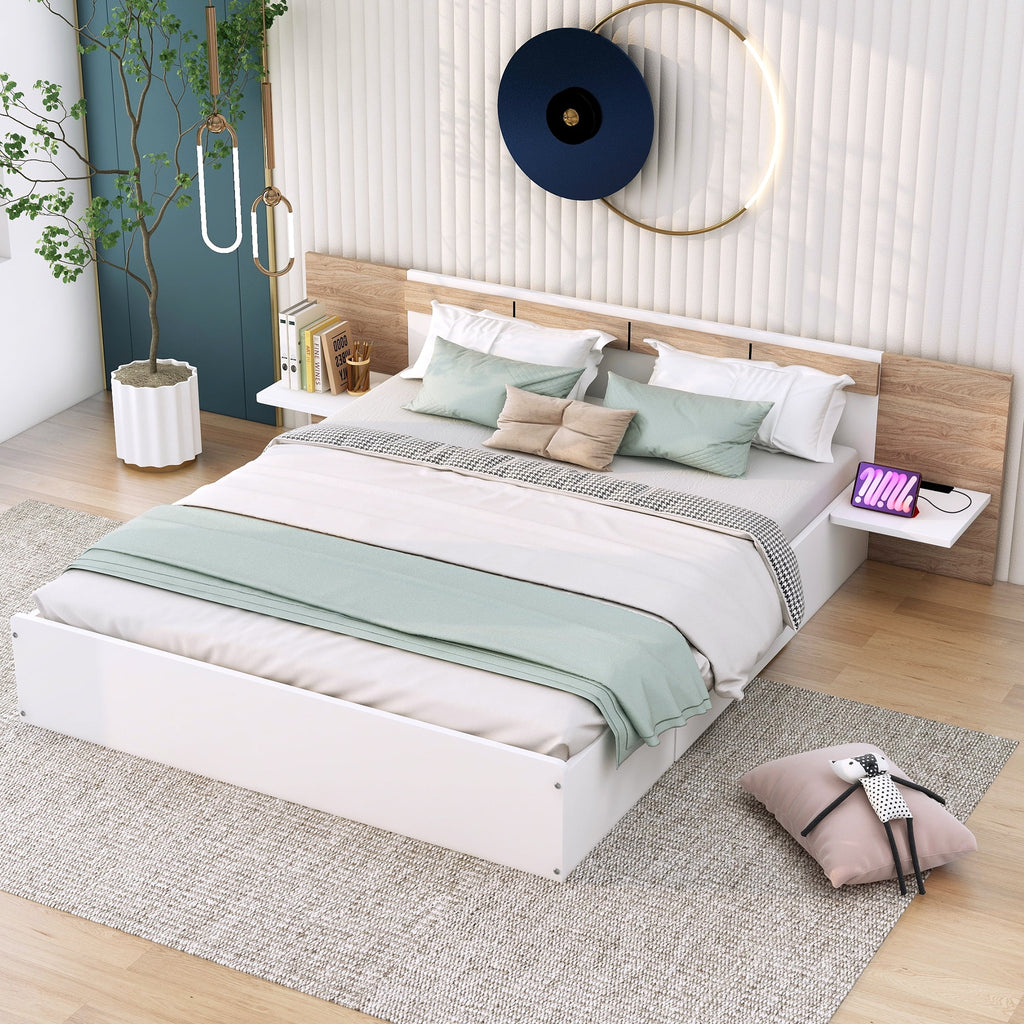 White Queen Size Wood Platform Bed with Storage Shelves and 2 Drawers Y16626