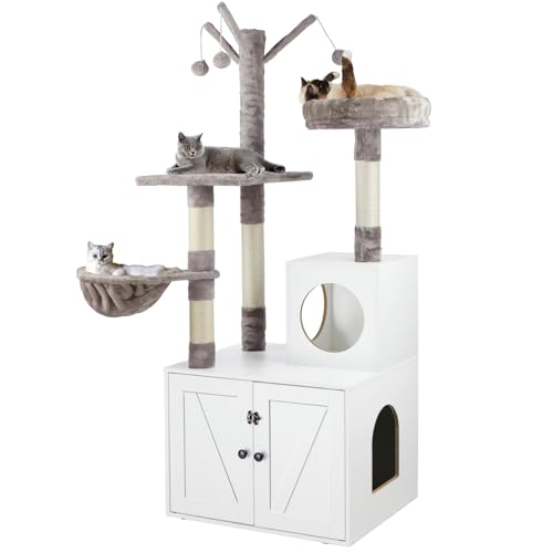 2-in-1 Wooden Cat Tree Tower with Litter Box Enclosure K65093