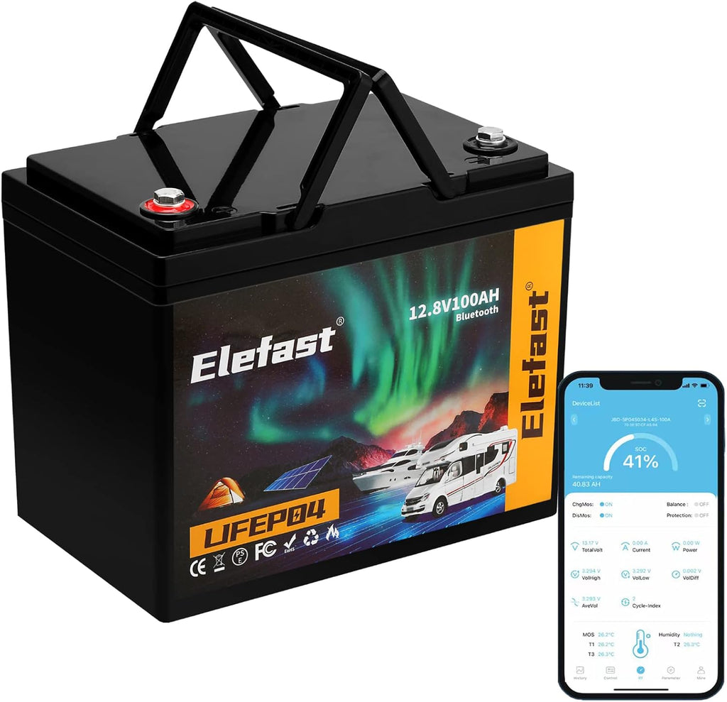 12V 100Ah Bluetooth LiFePO4 Lithium Battery, BCI Group 24, Low Temperature Protection, 1280Wh Energy U567075