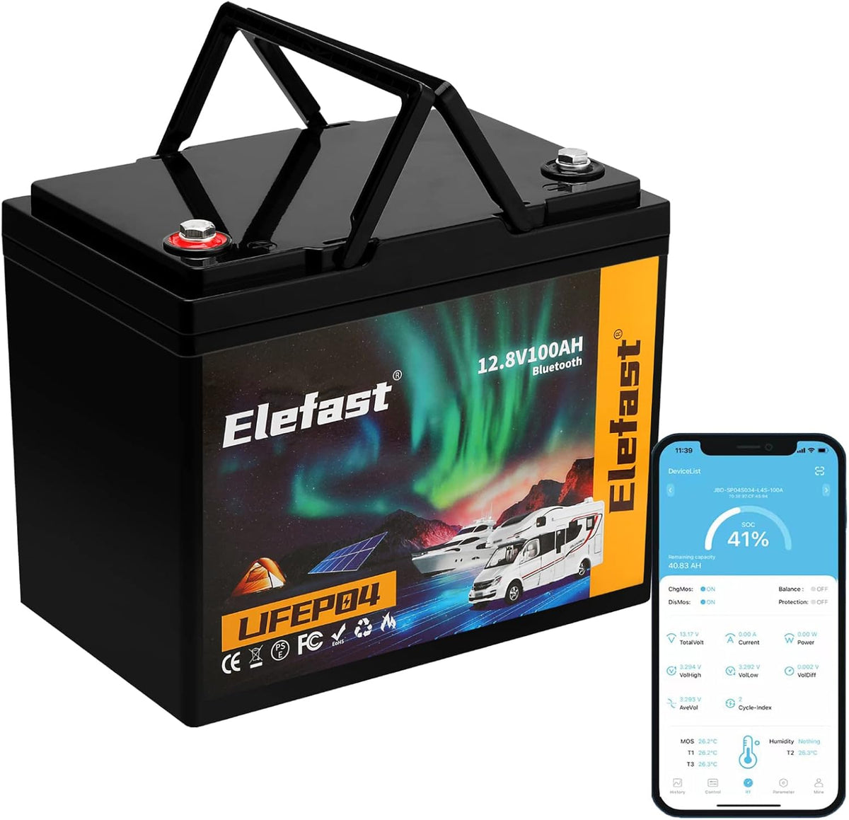 12V 100Ah Bluetooth LiFePO4 Lithium Battery, BCI Group 24, Low Temperature Protection, 1280Wh Energy U567075