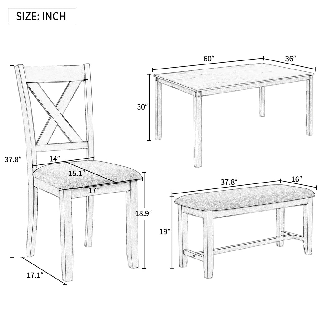 6 Piece Wooden Dining Table Set with 4 Fabric Chairs and Bench M88615