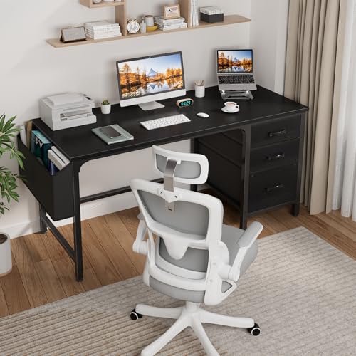 White 55 Inch Computer Desk with Fabric File Drawers Cabinet F14642