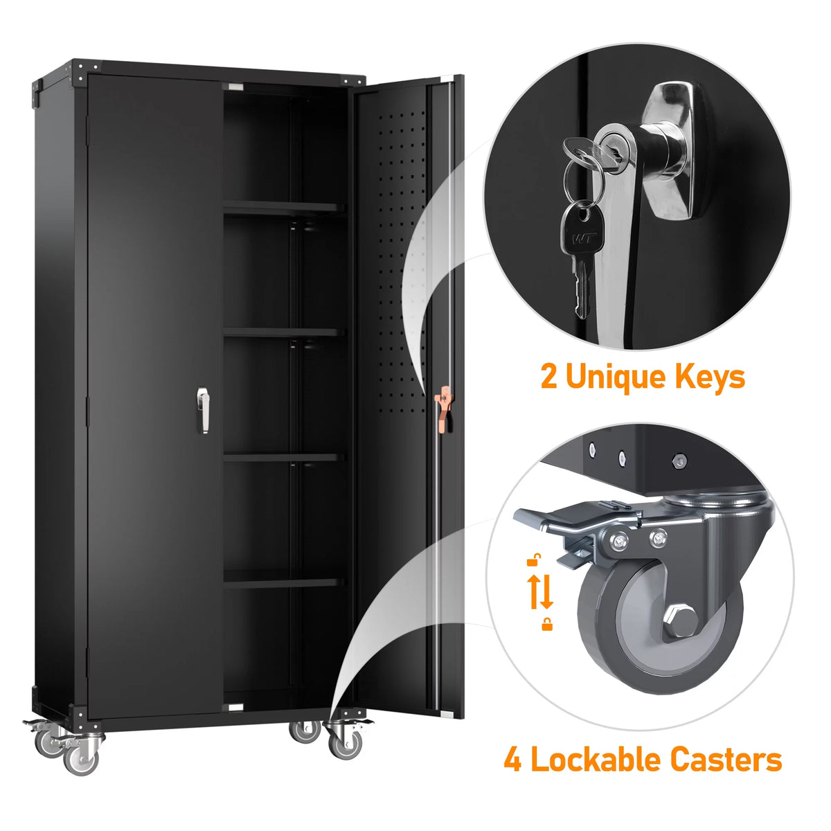 Black Metal Storage Cabinet with Wheels and Pegboard N2609