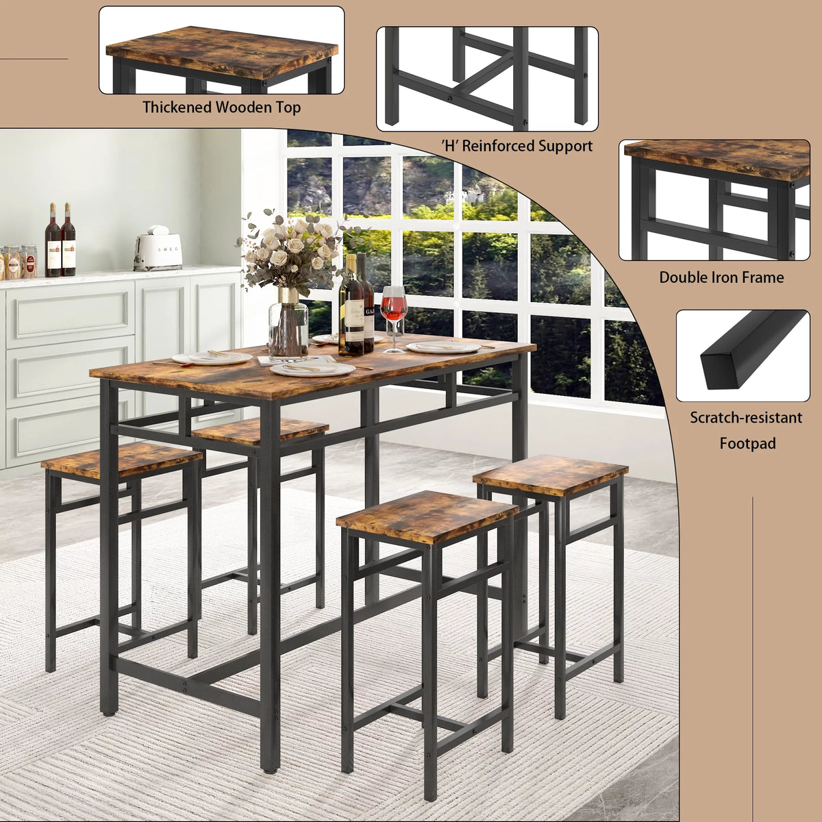 5-Piece Metal Frame Dining Table and Stools Q6009