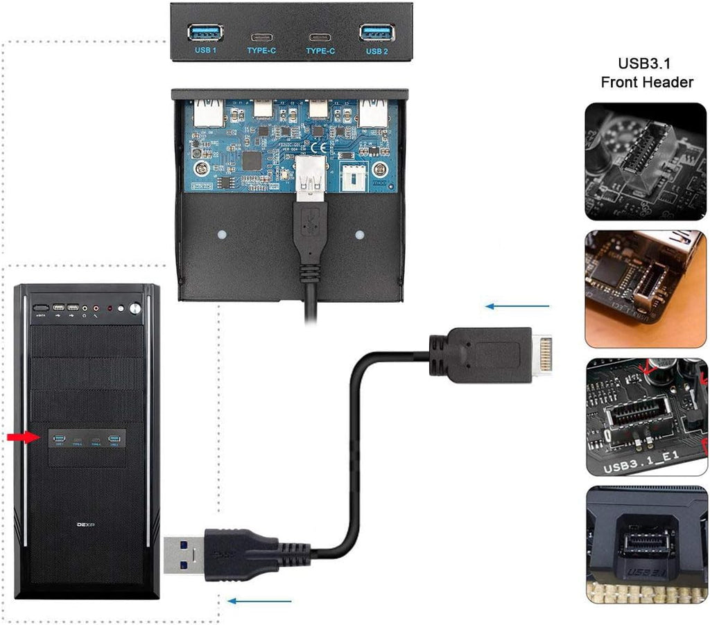 USB 3.1 Front Panel Header to USB-C & USB 3.0 HUB 4 Ports Motherboard Cable W1924