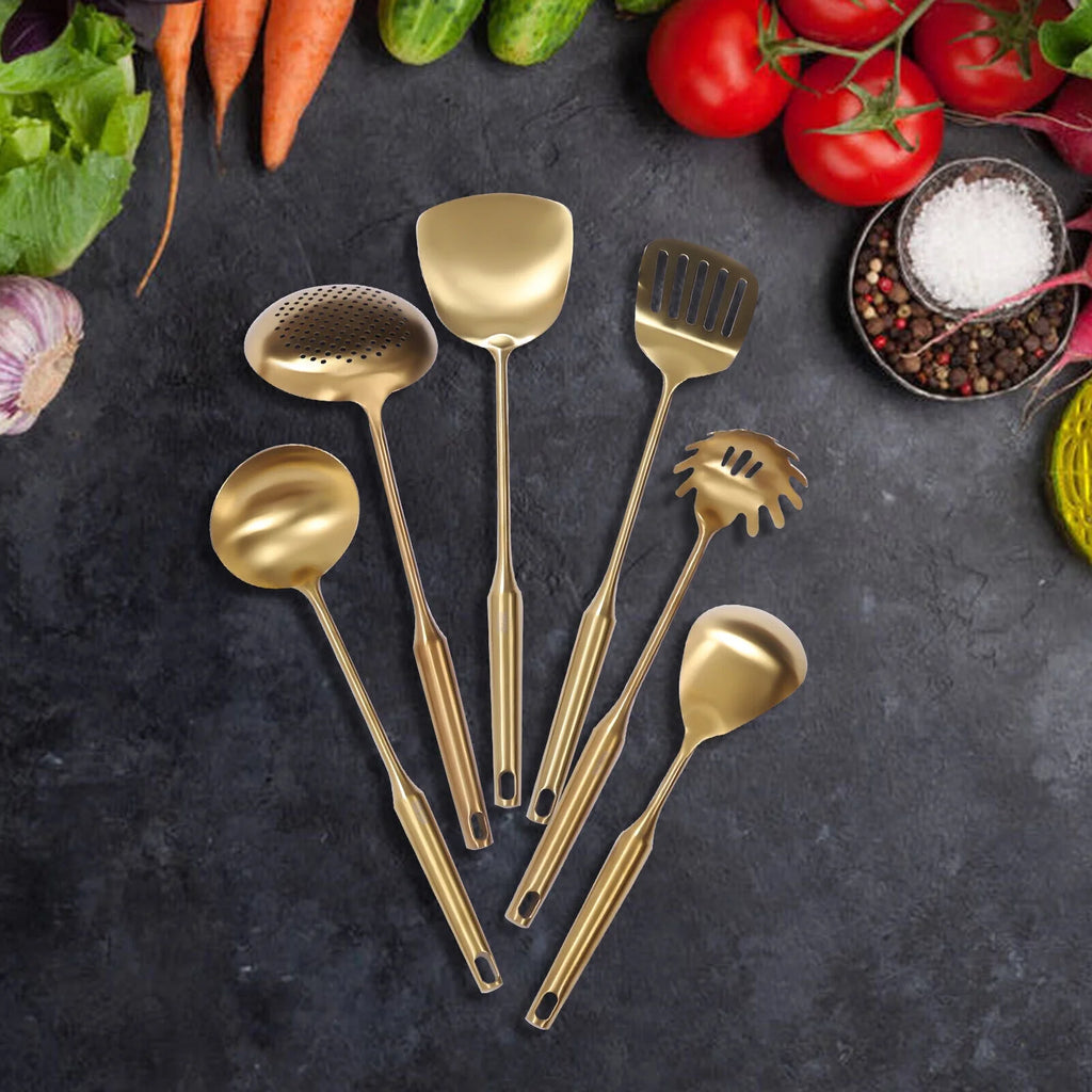 7 Pc Gold Kitchen Cooking Utensil Set with Stand P221742