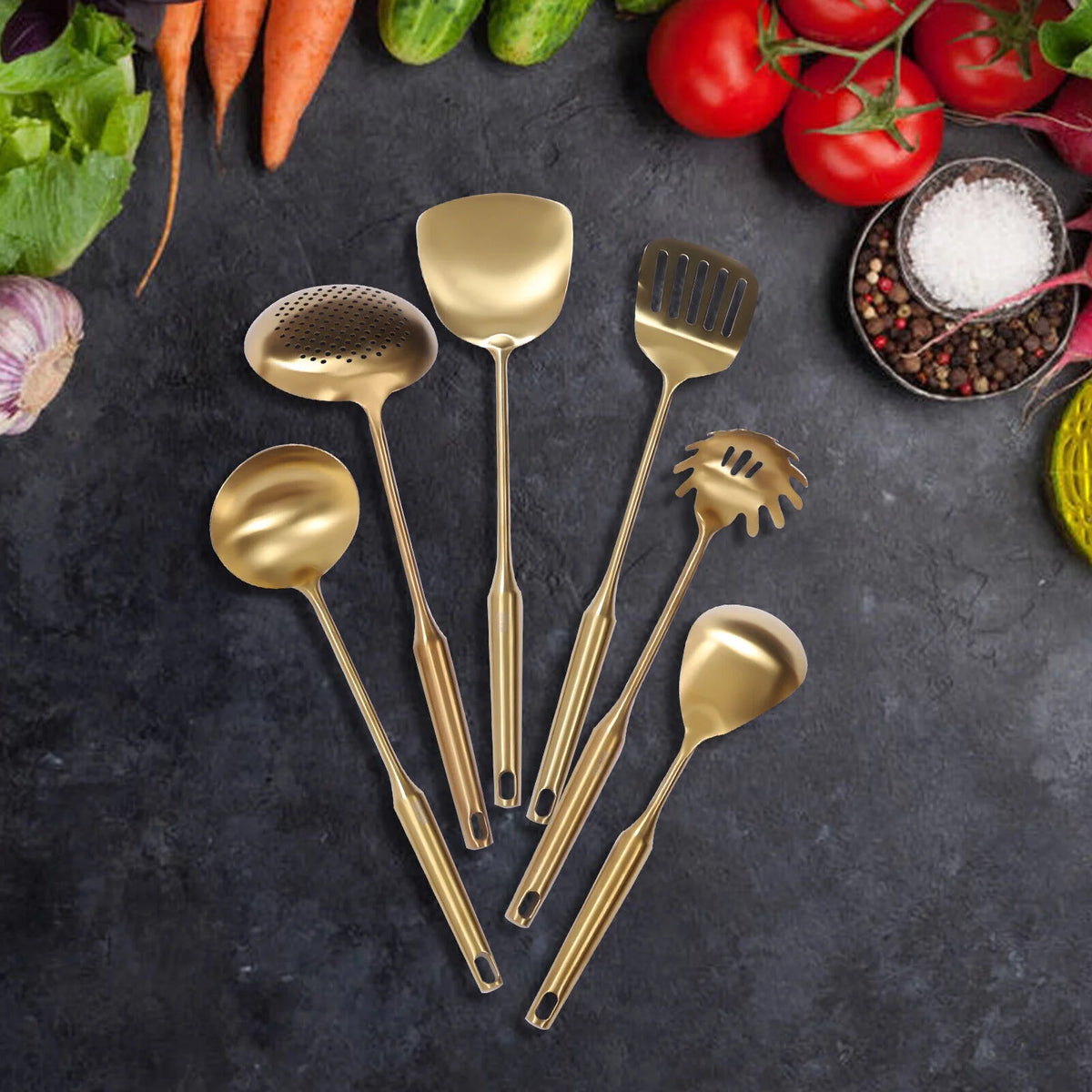 7 Pc Gold Kitchen Cooking Utensil Set with Stand P221742