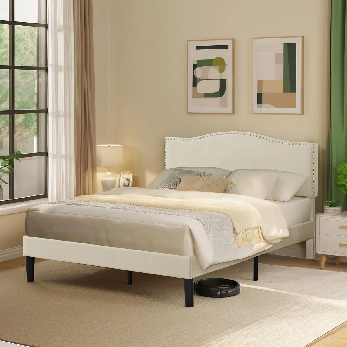 Queen Upholstered Platform Bed with Adjustable Headboard B2340