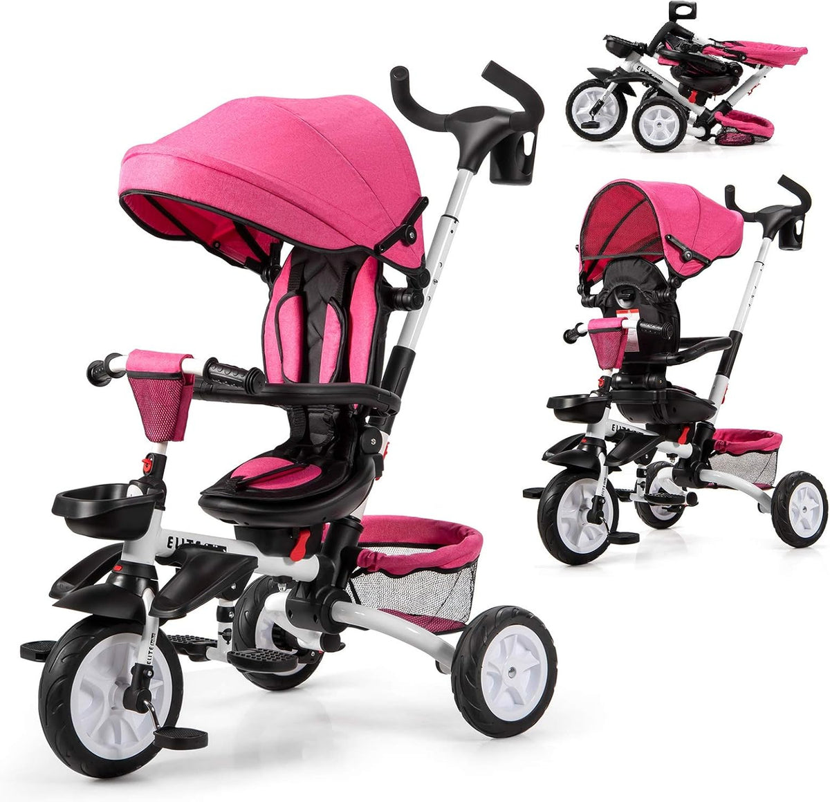 Pink 7-in-1 Kids Folding Tricycle with Canopy Q507