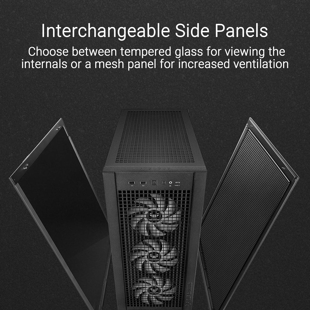 Black ATX Mid-Tower PC Case with Four 140 x 28 mm ARGB Fans and Interchangeable Tempered Glass or Mesh Side Panels A114169