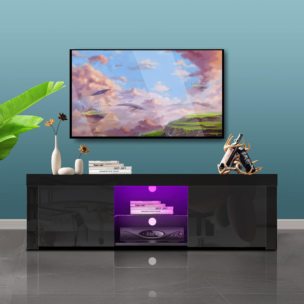 Black High Gloss TV Stand with 2 Drawers and Open Shelves T413052